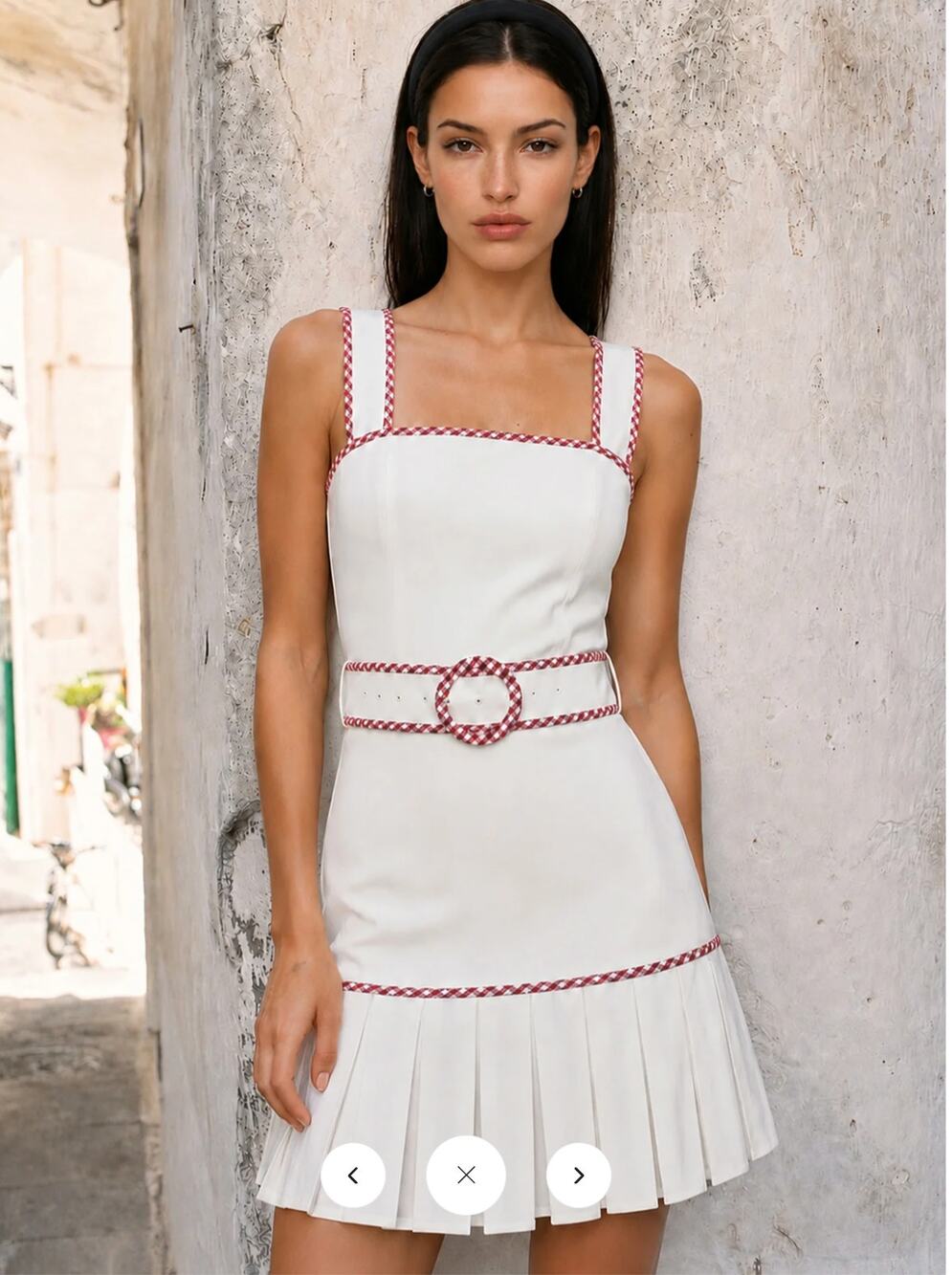 NWT  Commense Gingham Trim Belted Pleated Mini Dress Sz M